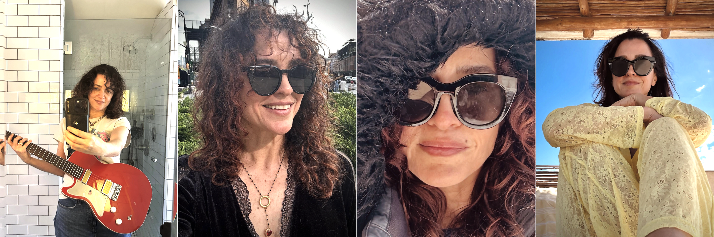 A collage of photos featuring Stella Psaroudakis with curly hair wearing different outfits and sunglasses in different outdoor settings.