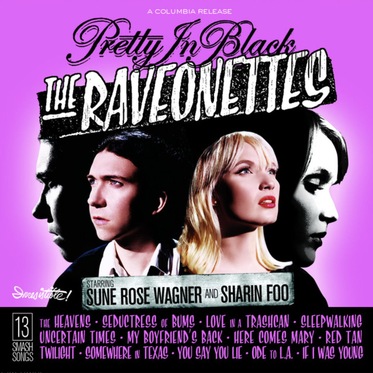 The album cover for the album Pretty in Black by The Raveonettes features images of the two main band members, with a purple background and text listing song titles.