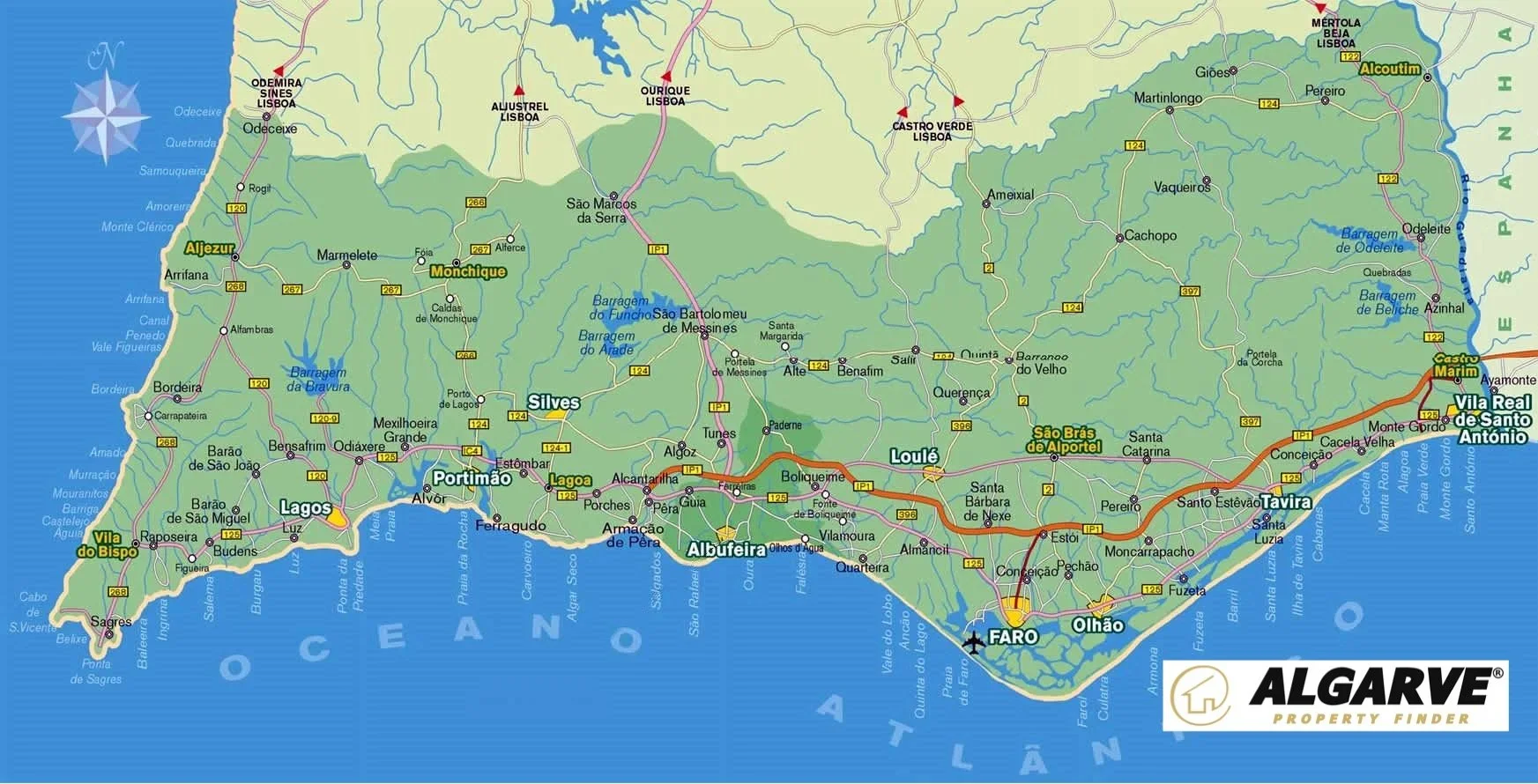 Map of Algarve, Portugal, showing cities, roads, and geographical features, with a logo at the bottom right that reads 'ALGARVE PROPERTY FINDER'.