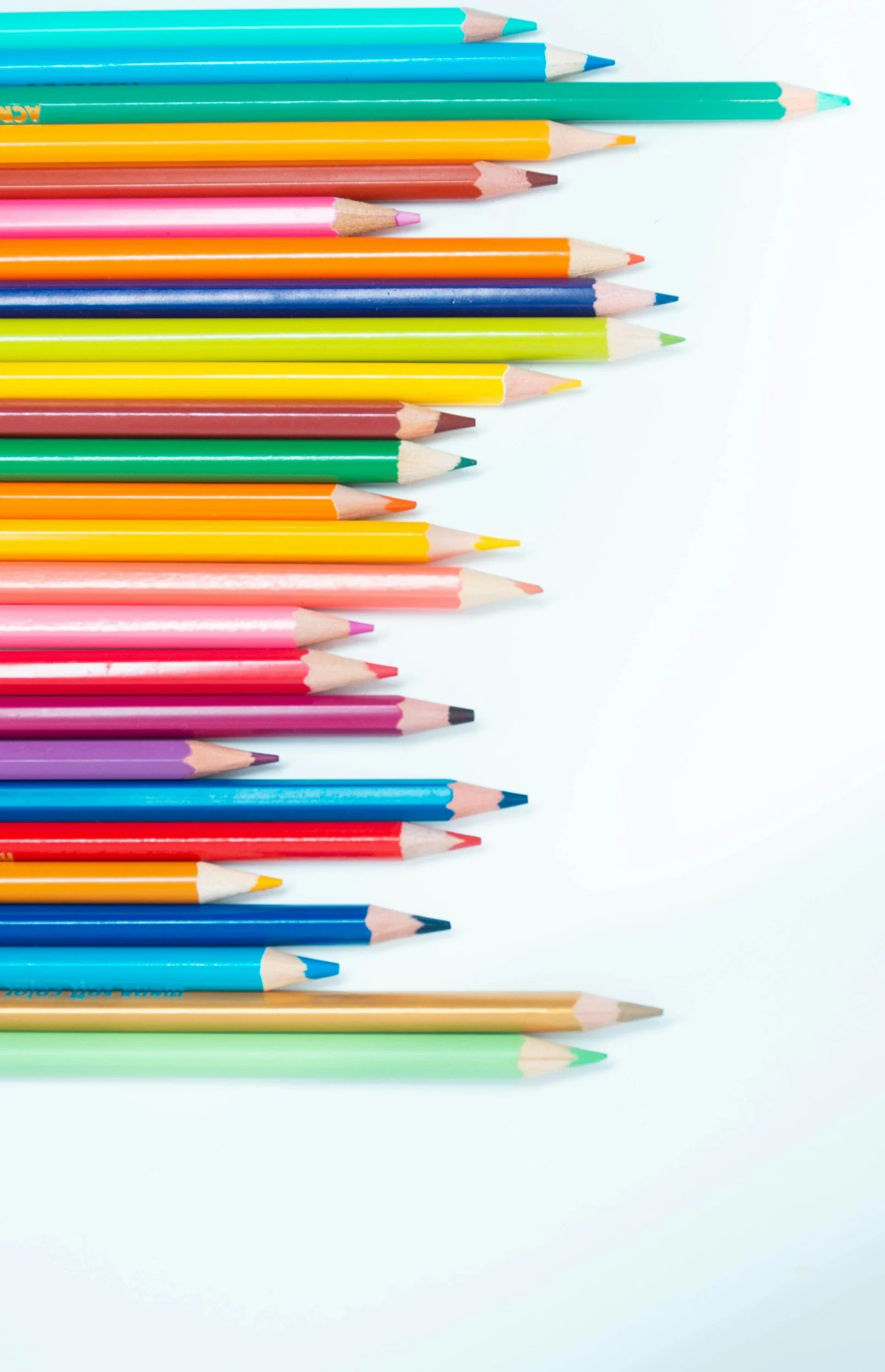 Colorful colored pencils arranged in a row on a white background.