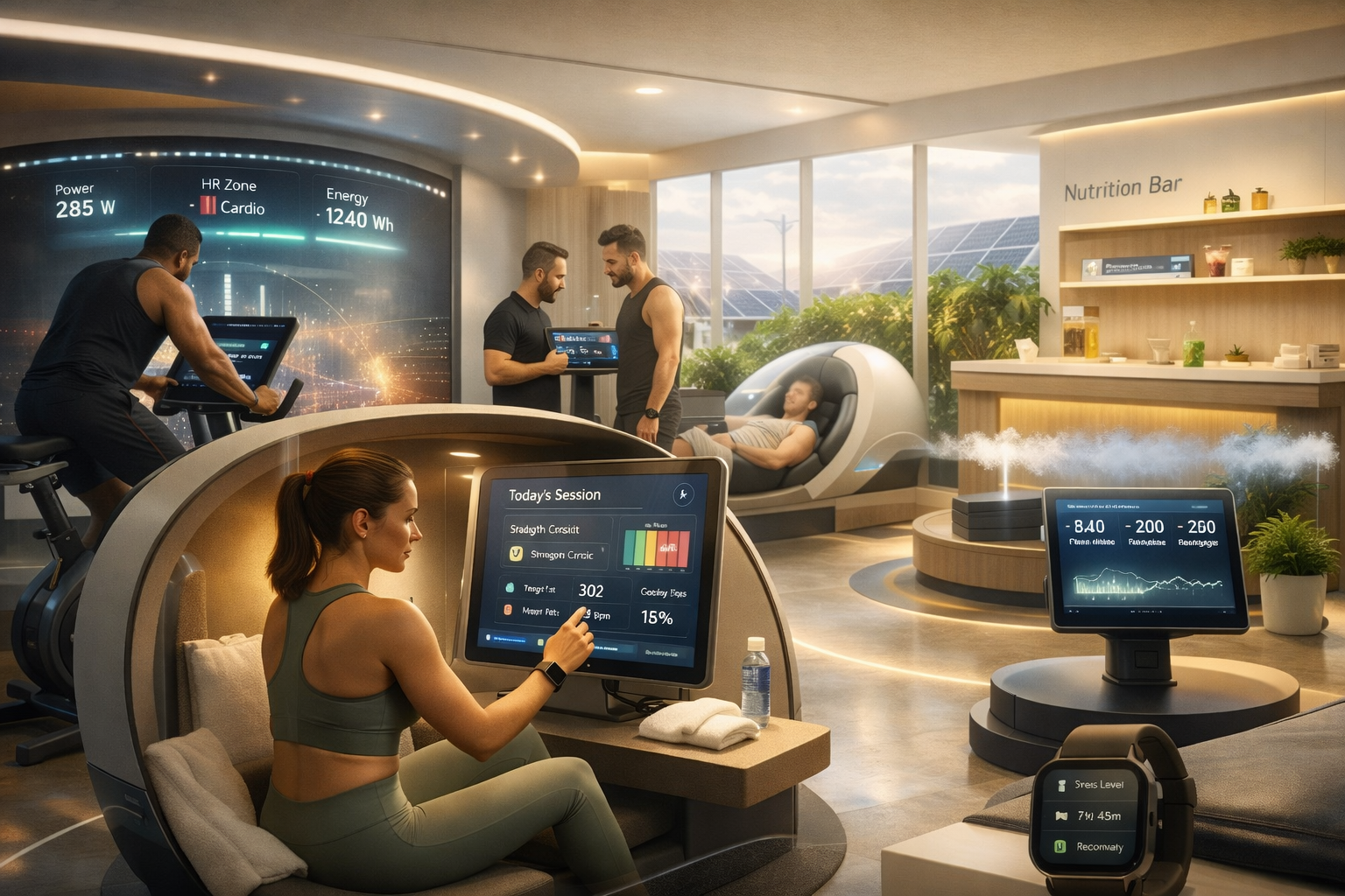 People exercising on fitness machines, including a woman on a seated workout pod and a man on a stationary bike, in a modern wellness center with a relaxation pod, hydrotherapy chamber, and Nutritious Bar.