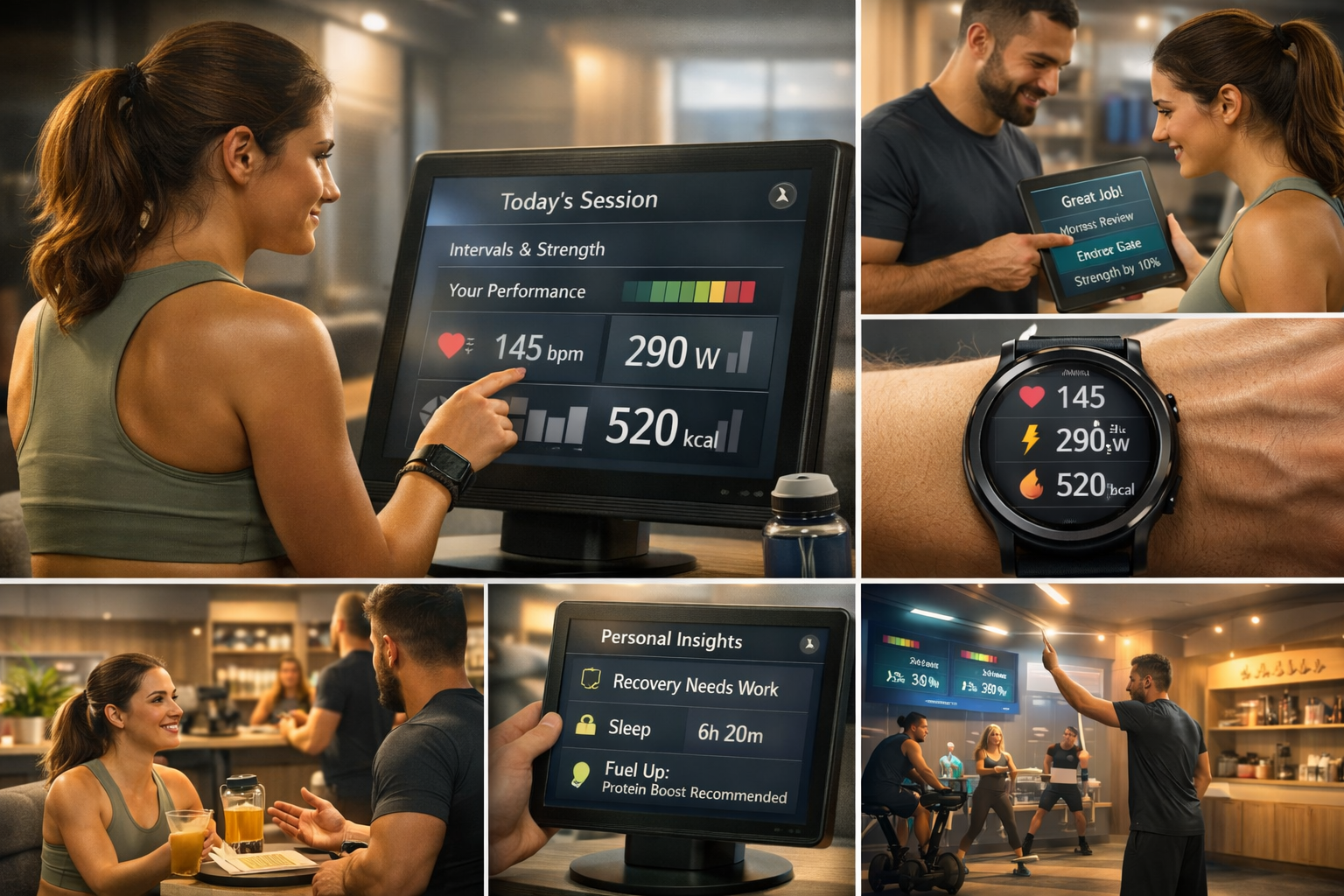 People in a gym setting using fitness tracking devices, tablets, and participating in a workout class.