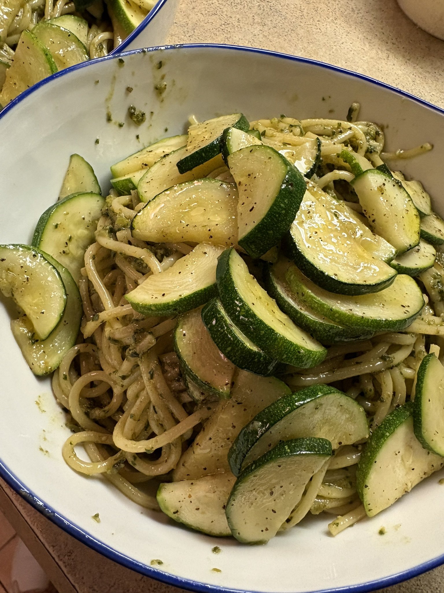 Shishito Pepper Pesto Spaghetti with Sautéed Zucchini