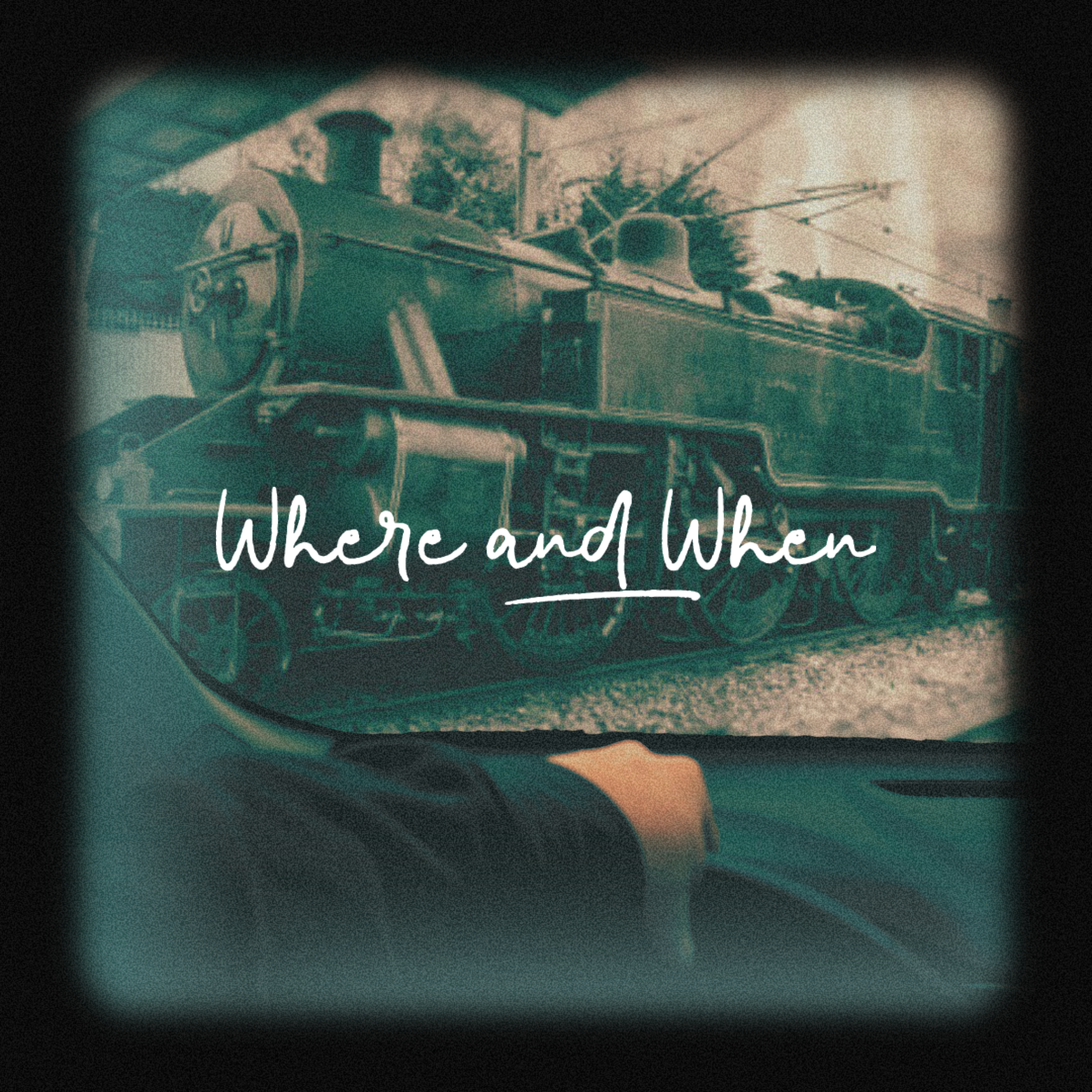 Image of a dark, vintage-looking photograph with a person taking a picture with a camera. The photo has a text overlay that reads 'Where and When' in white cursive font.