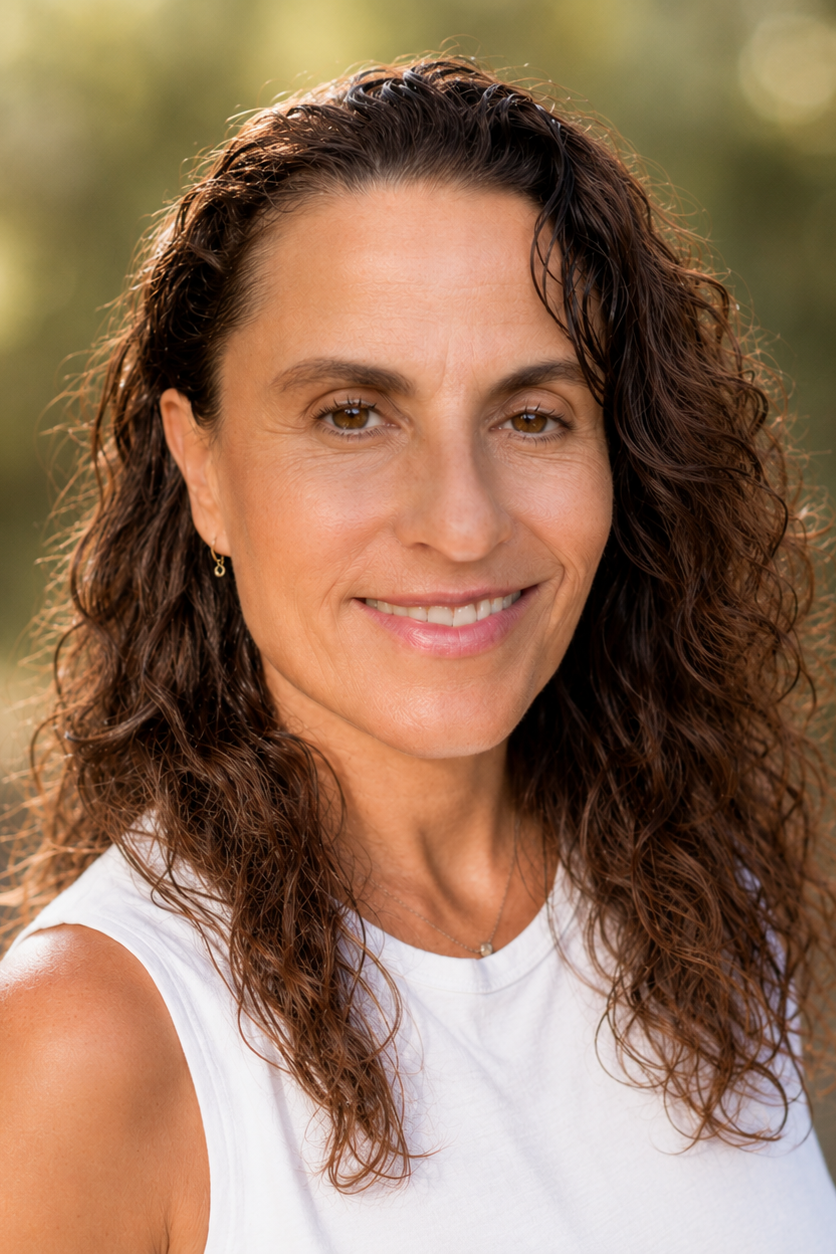 Close-up of a woman with curly brown hair, wearing a white sleeveless top, smiling outdoors with blurred green background.