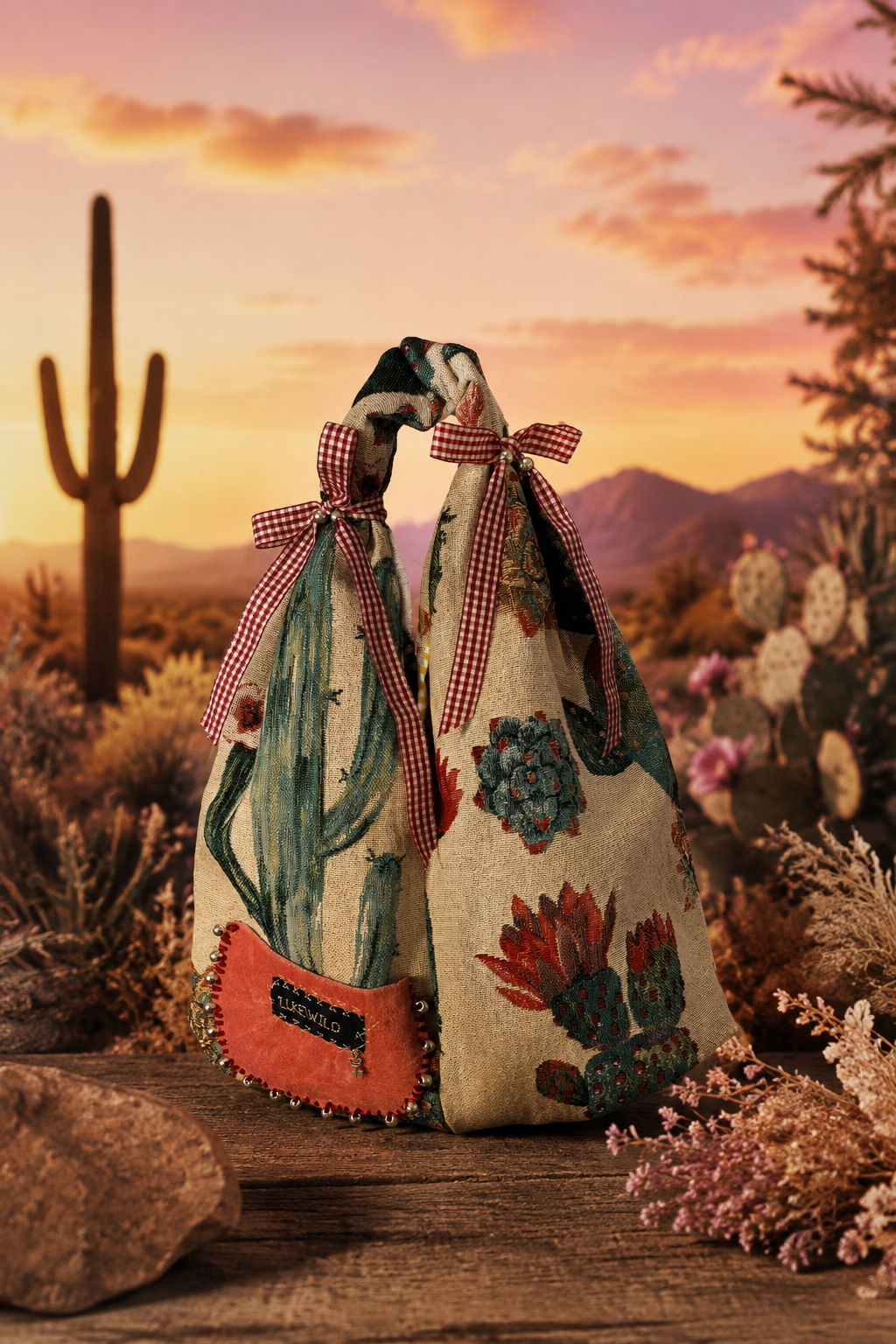 A fabric bag with cactus and floral embroidery, tied with red gingham ribbons, placed on a wooden surface with desert plants and pink flowers, against a sunset desert landscape with a saguaro cactus and mountains.