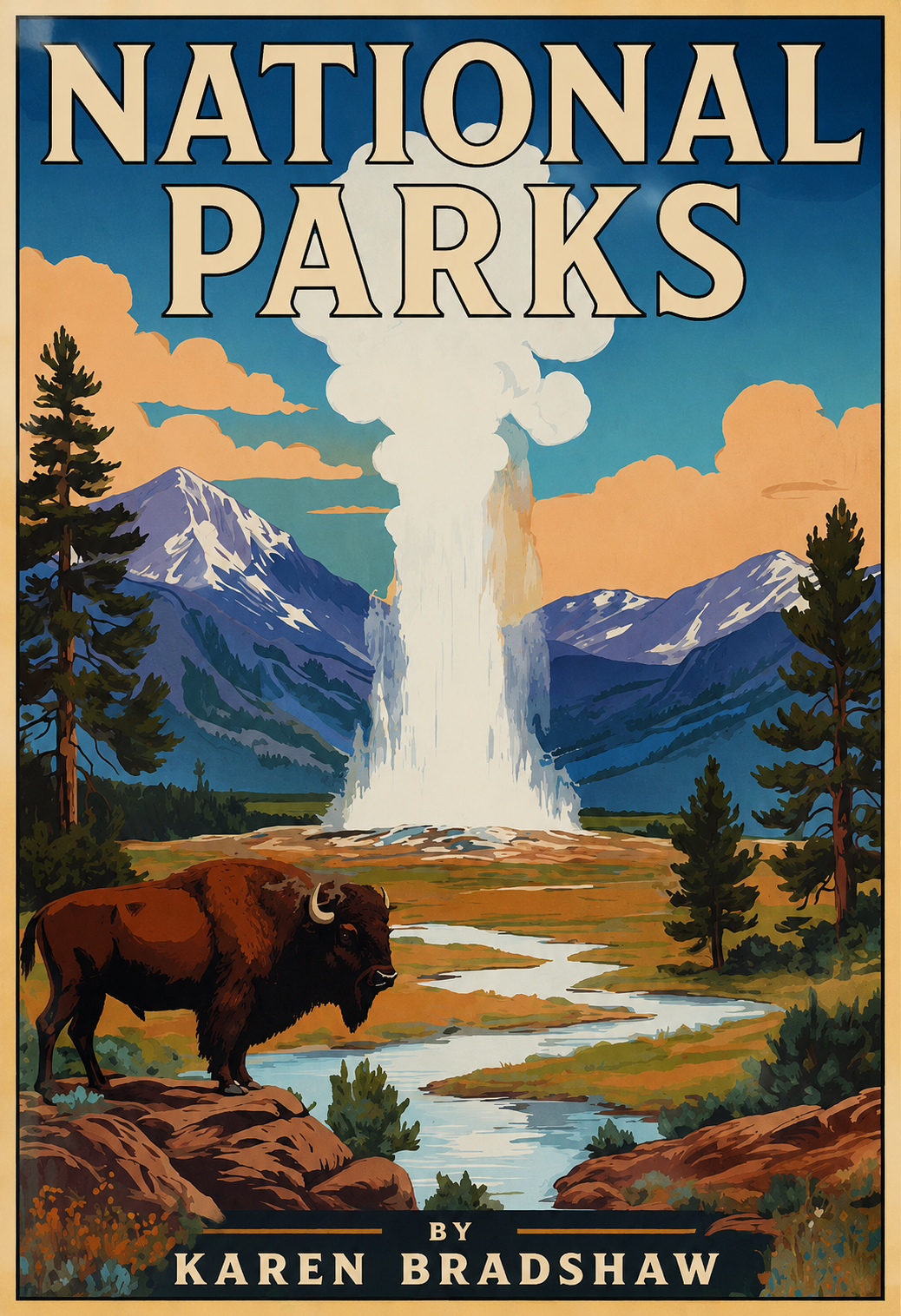 Book cover for 'National Parks' by Karen Bradshaw, featuring a landscape with mountains, a waterfall, pine trees, a stream, and a bison in the foreground.
