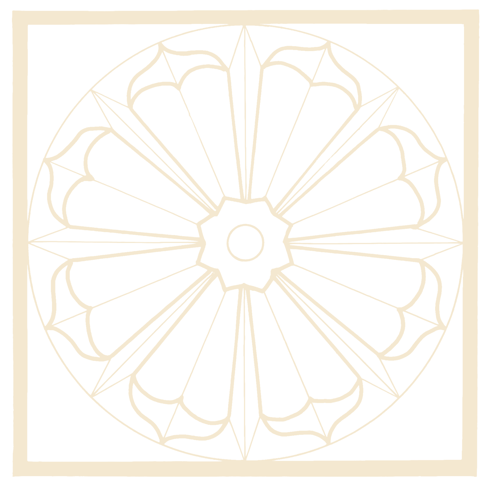 A geometric stained glass window design featuring symmetrical patterns of floral and fan shapes with a light beige outline on a black background.