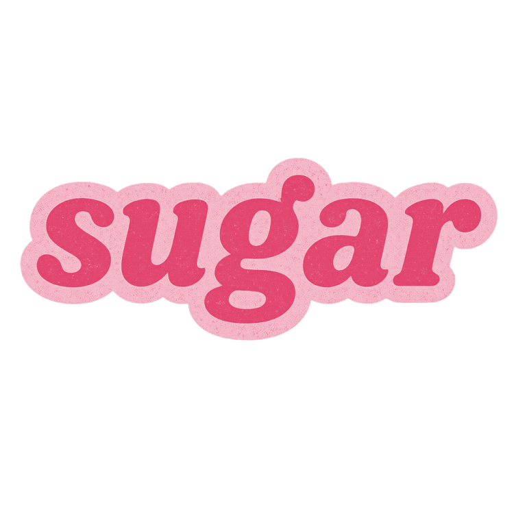 Pink sticker with the word 'sugar' in bold, pink lowercase letters, outlined with a subtle shadow. Frozen Custard East Vancouver, BC
