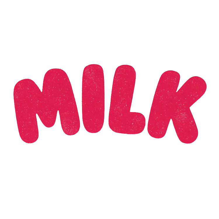 The word 'MILK' written in large, pink, textured, bubbly letters against a black background.Frozen Custard East Vancouver, BC
