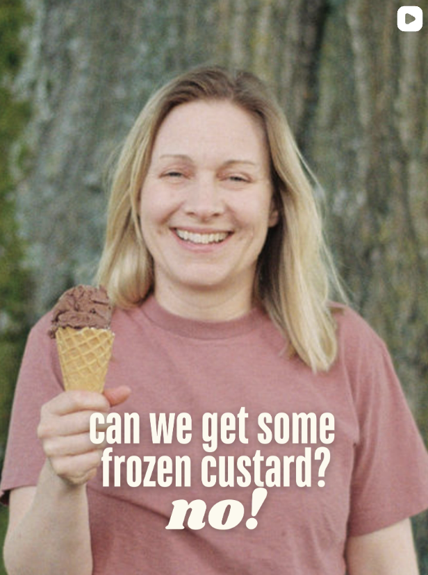 A woman with blonde hair smiling and holding a cone of chocolate ice cream outdoors, with a large tree in the background. Text over the image asks, 'can we get some frozen custard?' with a bold 'no!' beneath. Frozen Custard East Vancouver, BC