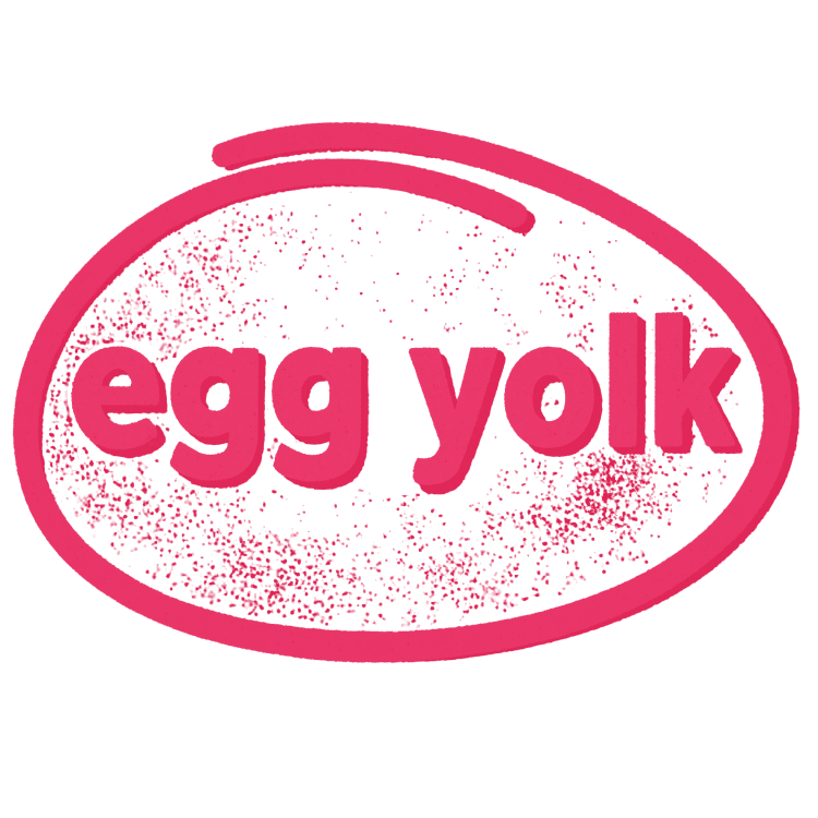 Pink and black logo with the words "egg yolk" inside an oval shape. Frozen Custard East Vancouver, BC