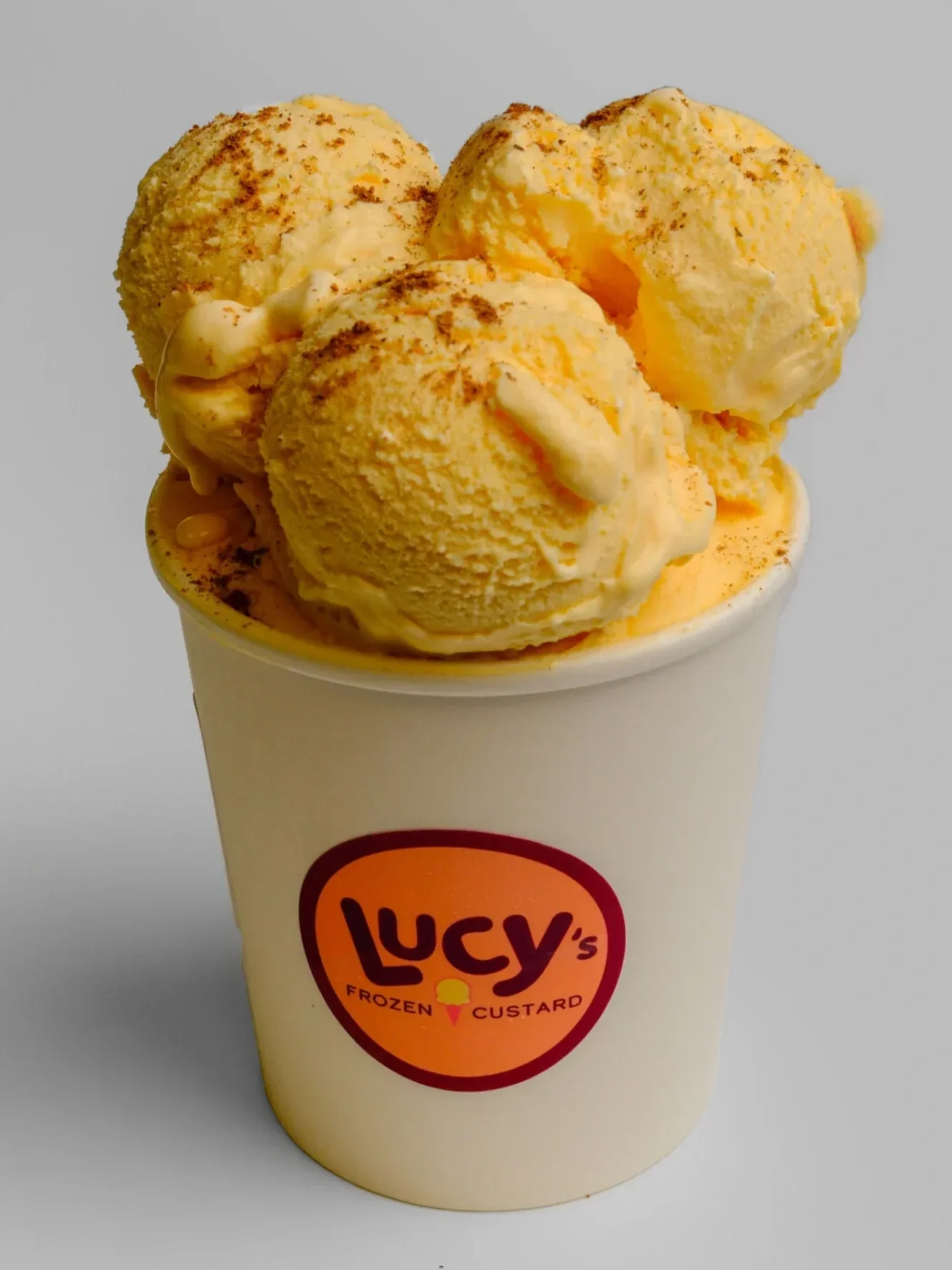A LyLy's Frozen Custard cup filled with three scoops of vanilla custard topped with grated Reese's peanut butter cups and sprinkled with cinnamon, in a white cup with a LyLy's logo.
