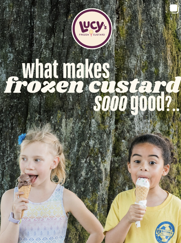 Two young girls enjoying ice cream cones in front of a large tree, with a Lucy's Frozen Custard logo and a question about frozen custard above them. Frozen Custard East Vancouver, BC