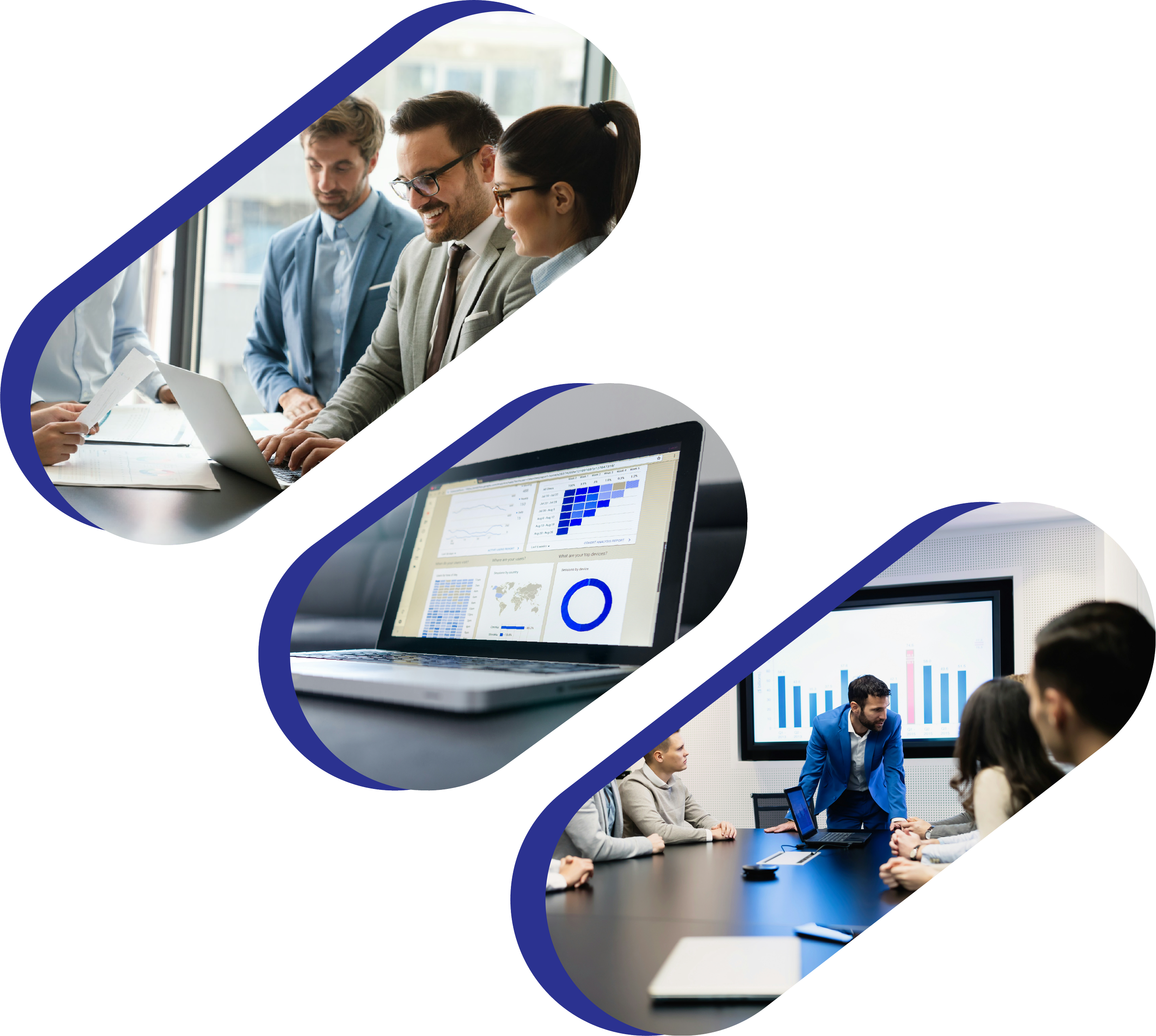 A group of professionals in a modern conference room watching a presentation on a large screen with charts and graphs. The scene includes men and women engaged in discussion, some using laptops.