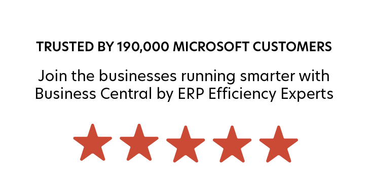 Advertisement with text highlighting trust by 190,000 Microsoft customers, encouraging joining Business Central for ERP efficiency experts, accompanied by five red stars.
