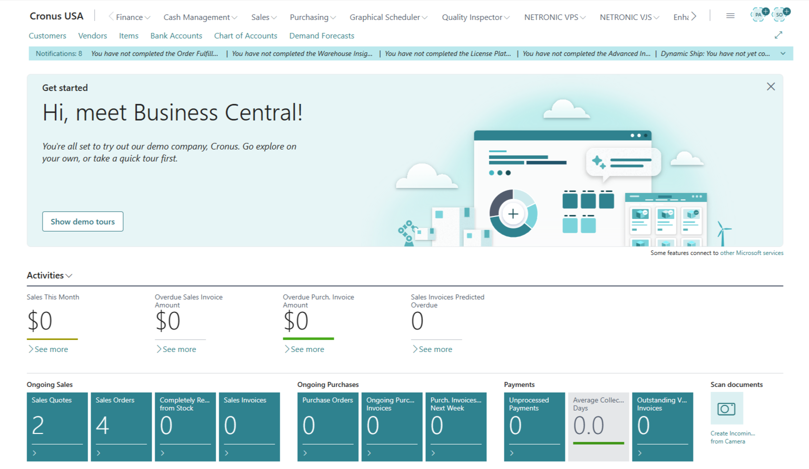 Screenshot of a business management software dashboard called Business Central by Microsoft, displaying various modules such as finance, sales, purchasing, and activities like sales quotes, orders, invoices, and ongoing purchases, with a demo invitation and notifications.