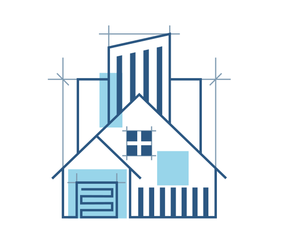 An illustration of a house with a garage, windows, and striped roofing, outlined with measurement lines.