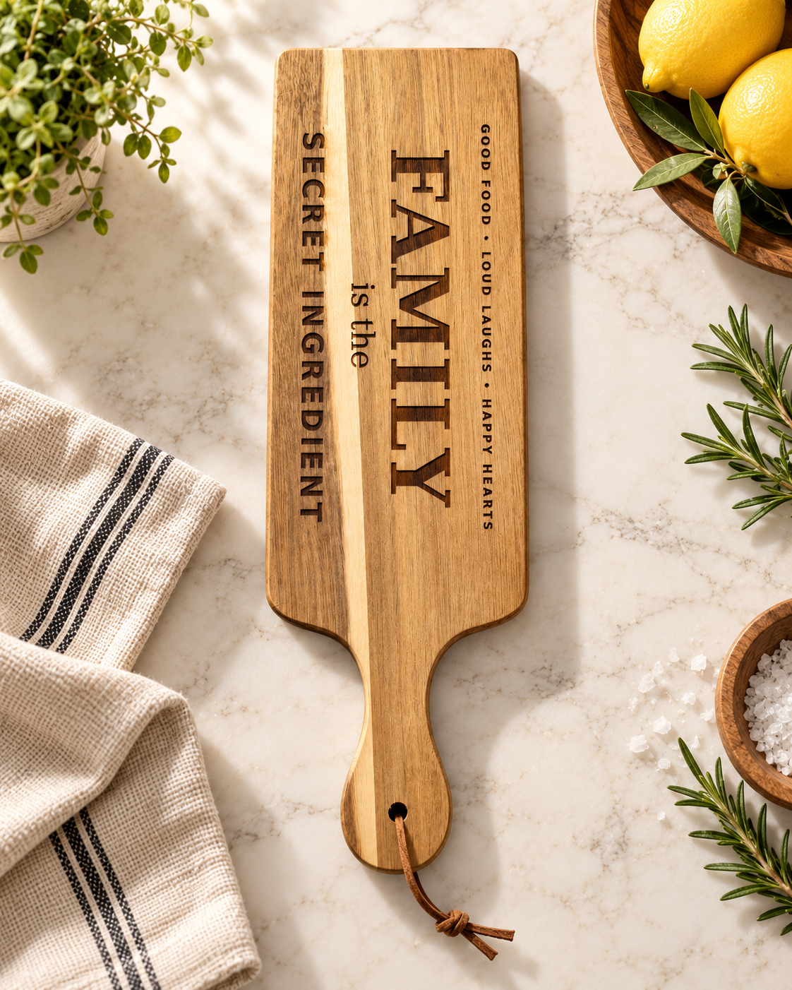 Wooden serving board with engraved quote about family placed on a white marble surface with a cloth napkin, potted plant, and bowls of lemons and salt around it.