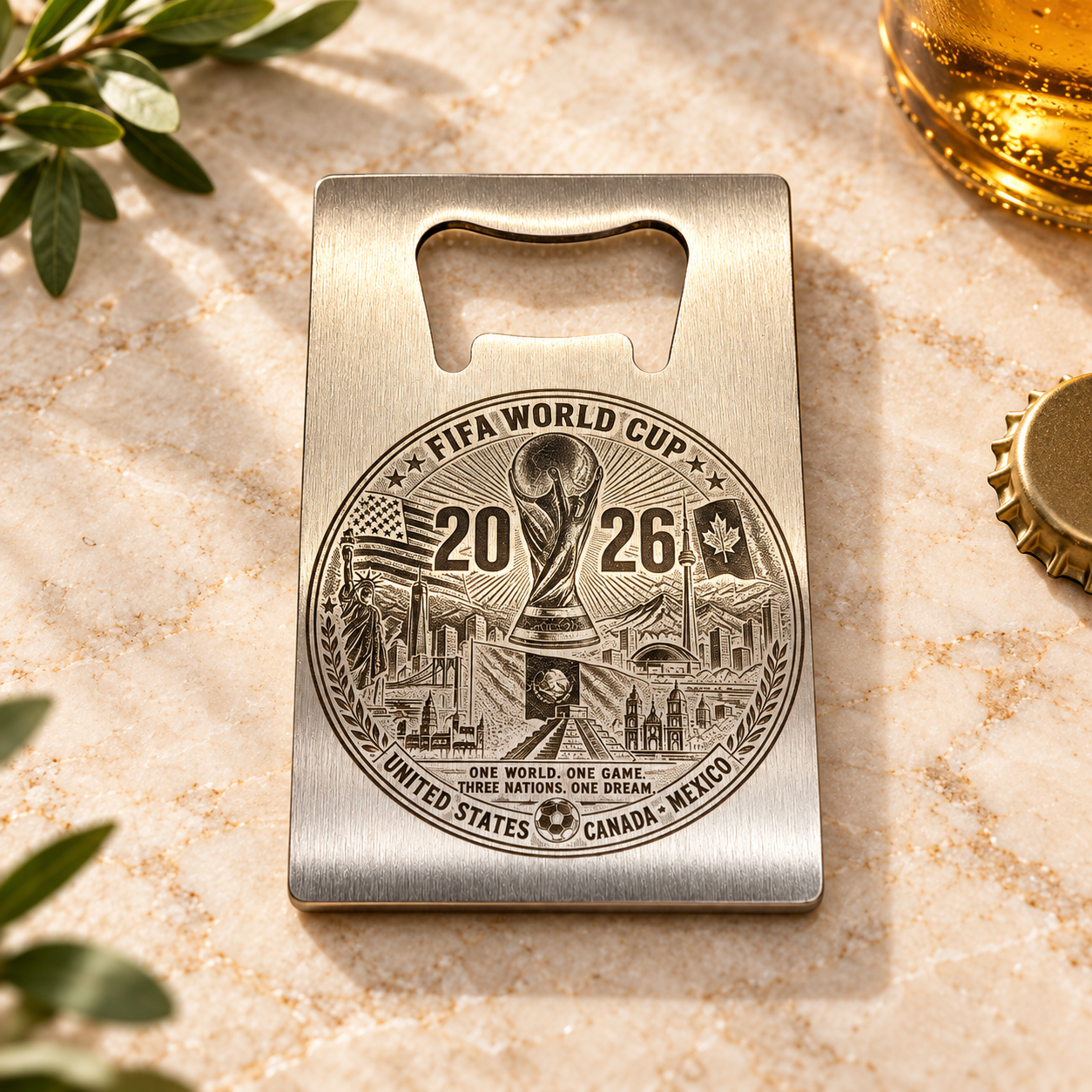 Metal bottle opener with FIFA World Cup 2026 logo, featuring landmarks from the United States, Canada, and Mexico, placed on a marble surface with beverage bottle caps nearby.