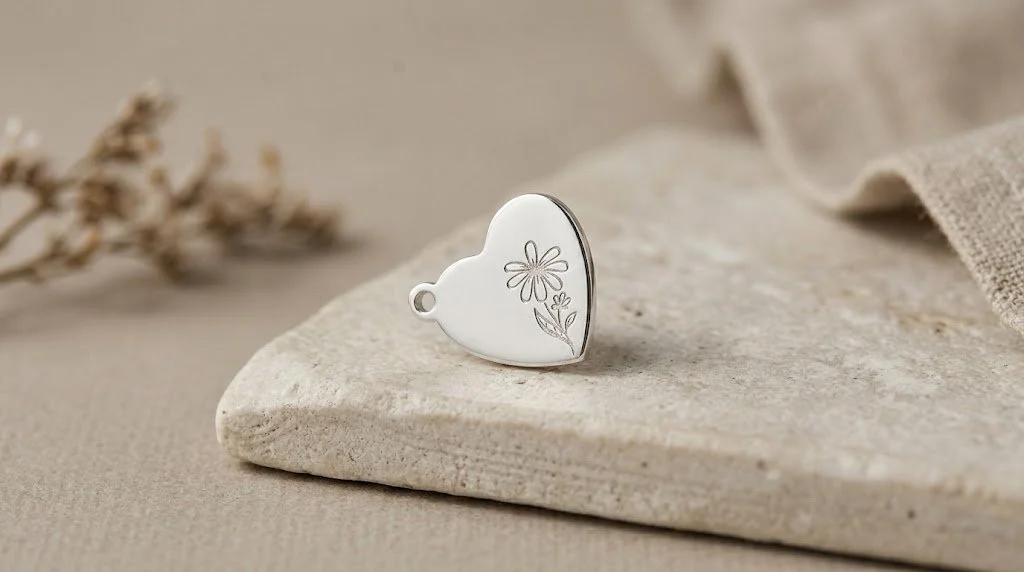 A silver heart-shaped pendant with a flower design rests on a beige stone surface with a textured cloth and blurred dried flowers in the background.