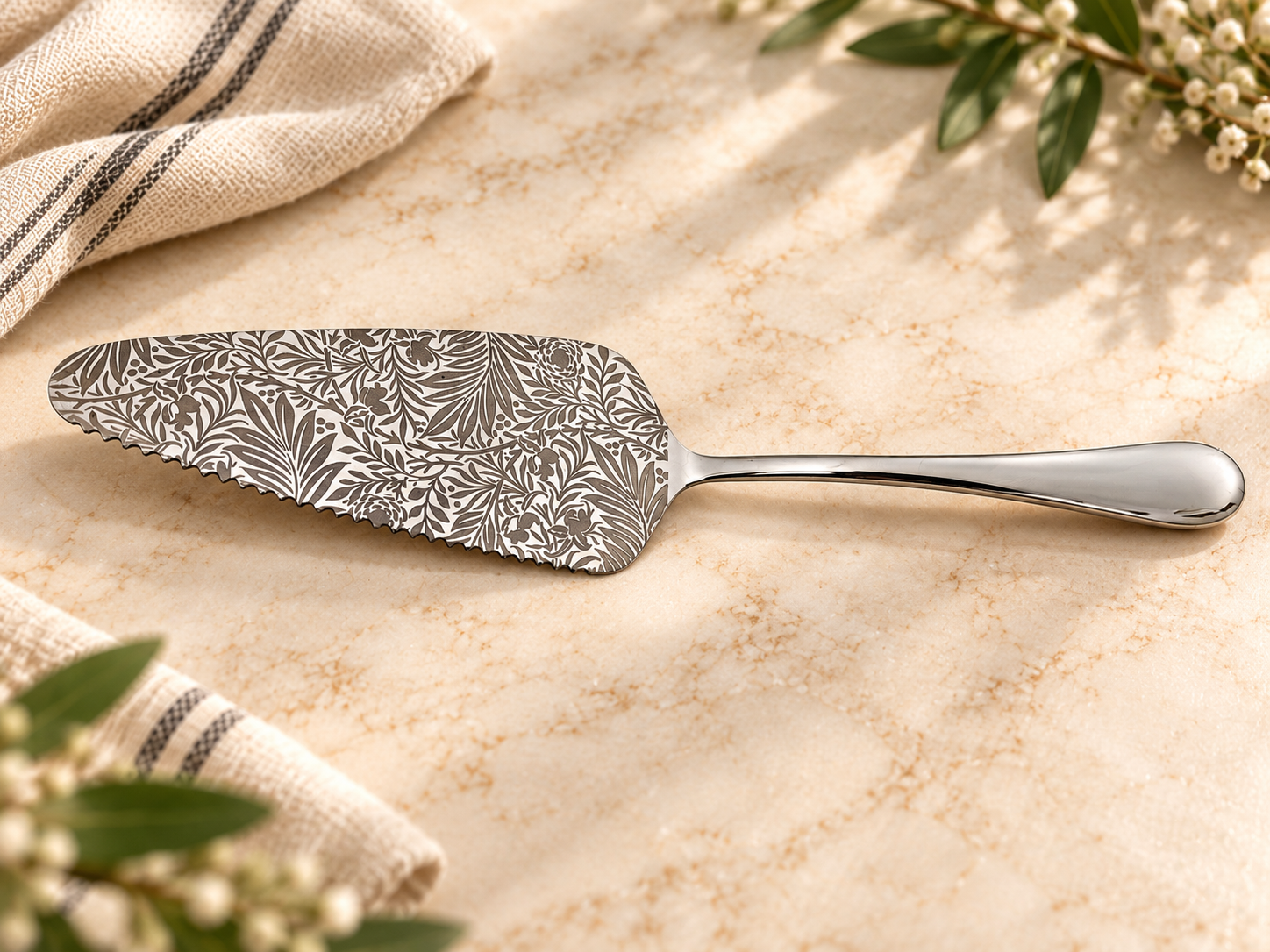 Decorative cake server with floral pattern handle resting on a beige marble surface, with a striped cloth and a branch with small white flowers and green leaves nearby.