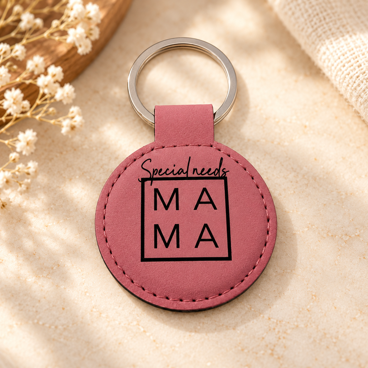 Pink circular keychain with 'Special needs MAMA' written on it, placed on a sandy surface with dried flowers and cloth nearby.