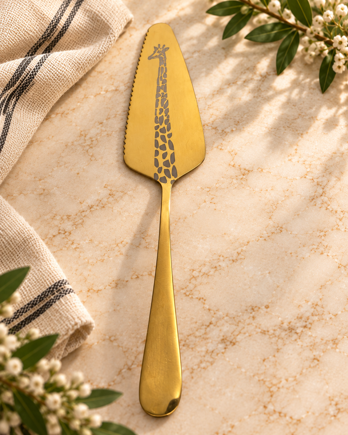 A gold-colored cake server with a giraffe pattern on the blade, placed on a marble surface with a beige and black striped cloth and green leafy plants with white flowers nearby.