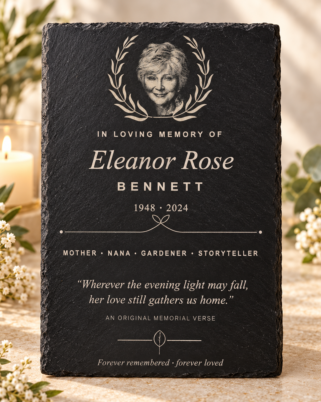 A black memorial plaque with a photo of an elderly woman and text in white lettering dedicated to Eleanor Rose Bennett, 1948-2024, describing her as mother, nana, gardener, storyteller, with a quote about her love, and a note of forever remembrance.