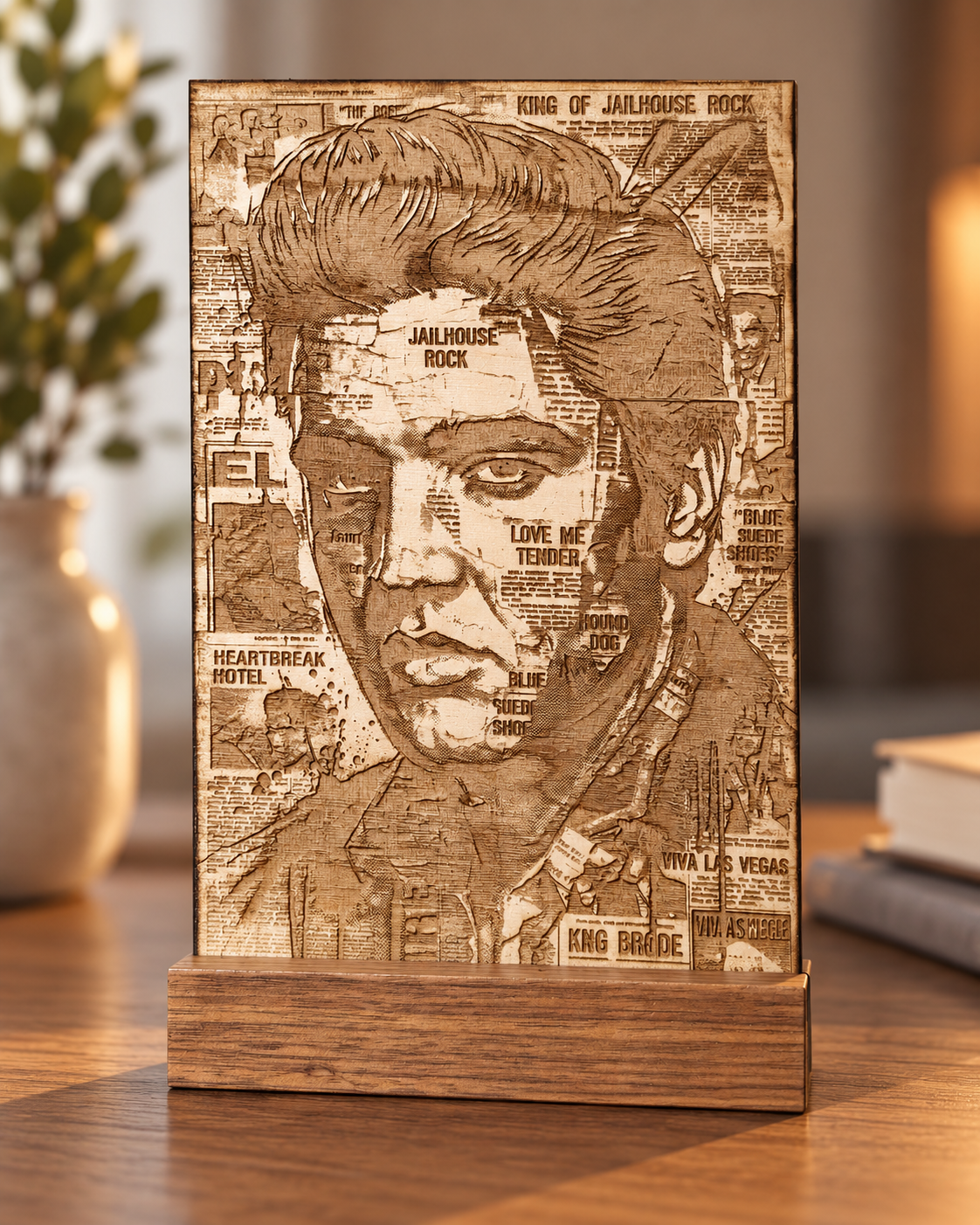 A wooden wall art piece featuring a portrait of a young man with styled hair and various words and phrases engraved across it, including 'Jailhouse Rock,' 'Love Me Tender,' and 'Viva Las Vegas.'