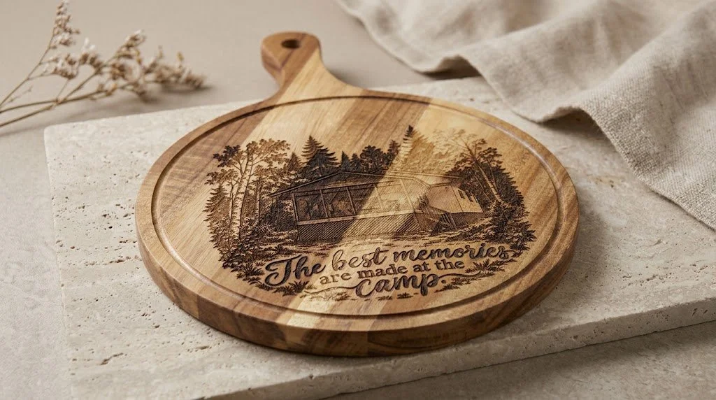 Wooden serving tray with engraved outdoor scene and text, placed on a textured surface with a linen cloth nearby.