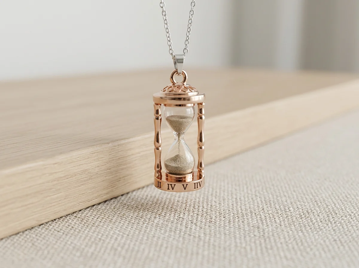 A necklace with a pendant in the shape of an hourglass, featuring Roman numerals around the base, hanging from a silver chain.