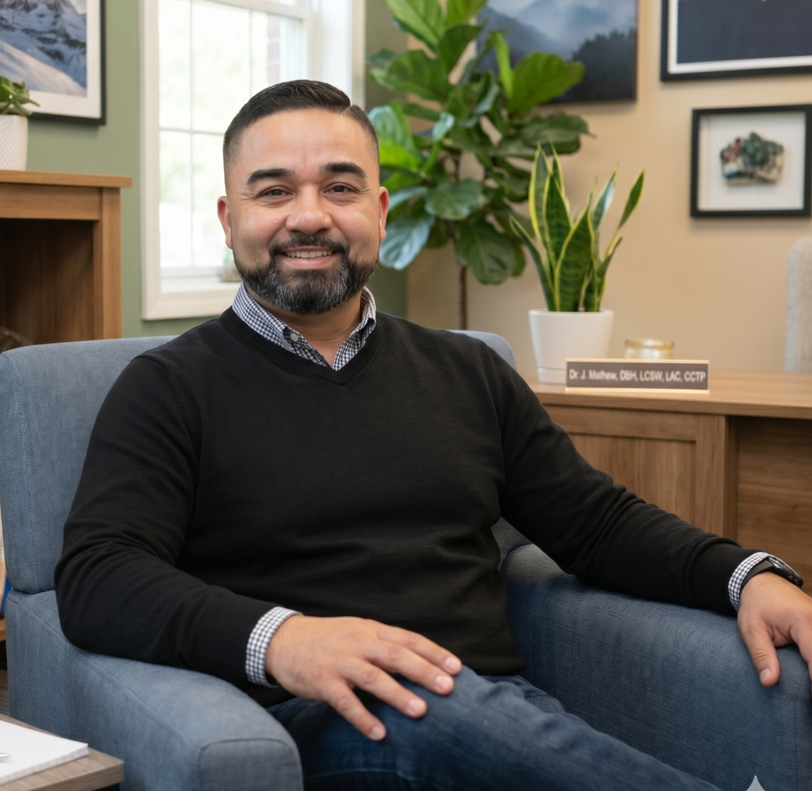 A middle-aged man with dark hair and a beard, wearing a black sweater over a checkered shirt, smiling and sitting in a blue armchair in an office or waiting room with framed pictures and green plants on the wall behind him.