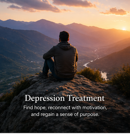 A person sitting on a rock overlooking a mountain valley at sunset, with a river flowing through the landscape, promoting depression treatment and hope.