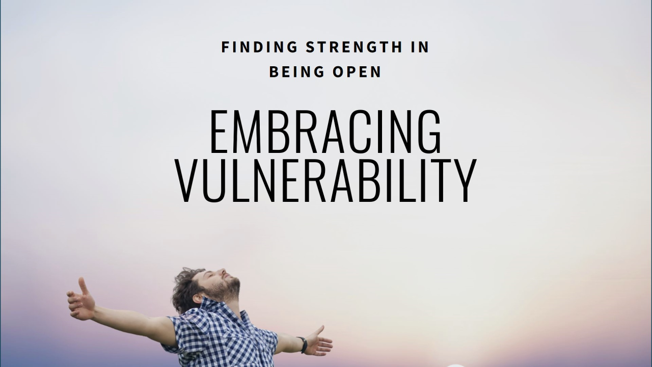 Person with arms outstretched under a sky with a quote about vulnerability and strength