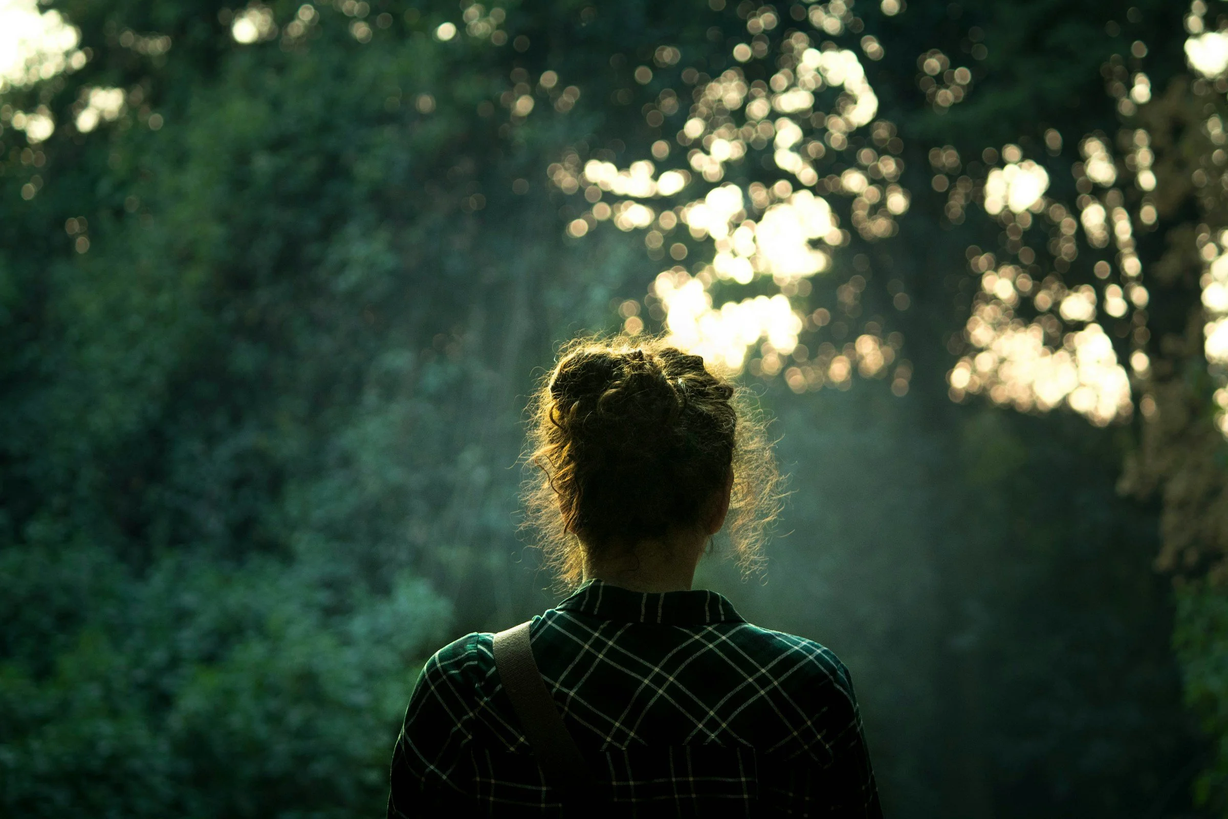 A person with curly hair wearing a plaid shirt and carrying a backpack, standing outdoors in a wooded area, looking towards a bright, sunlit background with bokeh effect.
