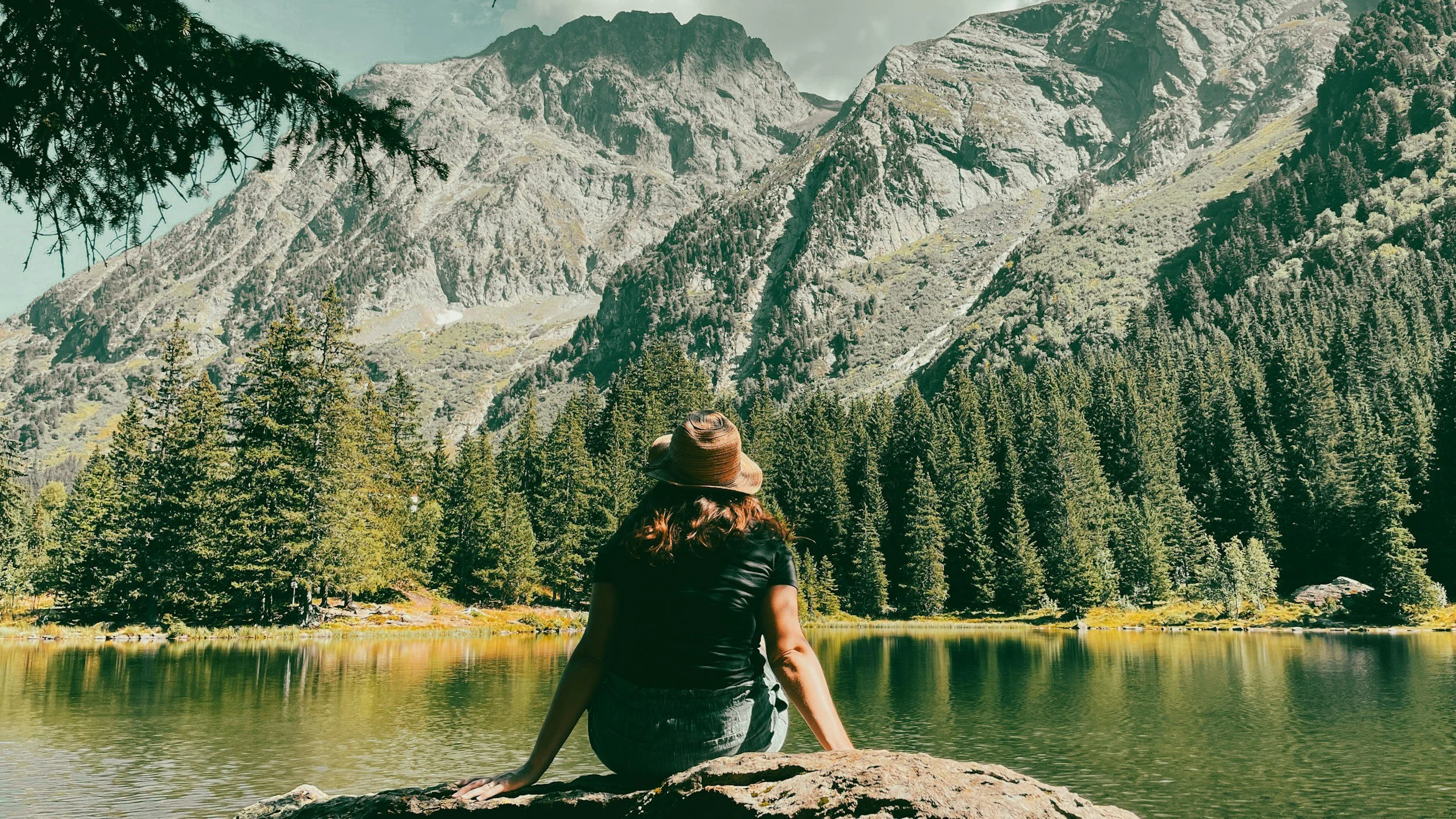 A person sits on a rock by a lake, facing away, with a mountain range and dense forest in the background.
