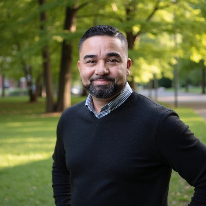 Man with short dark hair, beard, and mustache smiling outdoors in a park with green trees in the background, wearing a black sweater over a collared shirt.