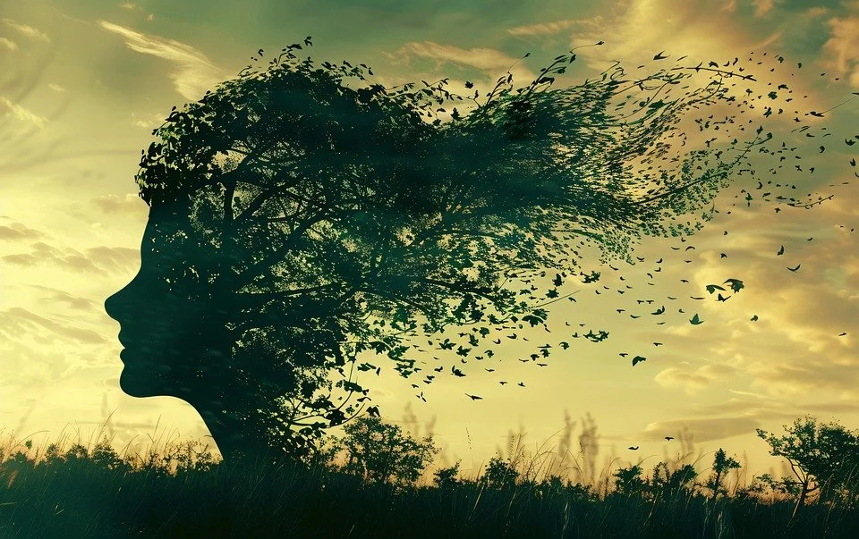 A creative surreal image of a woman's silhouette with her hair transforming into a tree and flying birds, set against a sunset or sunrise sky.
