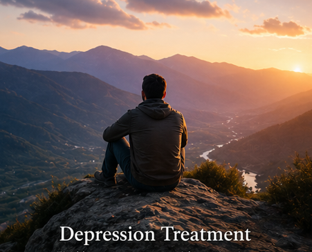 A person sitting on a rock overlooking a mountain landscape at sunset, with the text 'Depression Treatment' at the bottom.