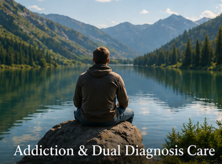 Person sitting on a rock by a lake surrounded by mountains and trees, with text that reads 'Addiction & Dual Diagnosis Care'.