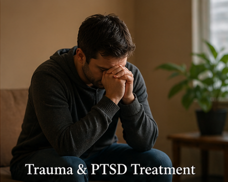 A man sitting on a chair with his hands clasped in front of his face, appearing distressed, with text overlay that reads 'Trauma & PTSD Treatment'.