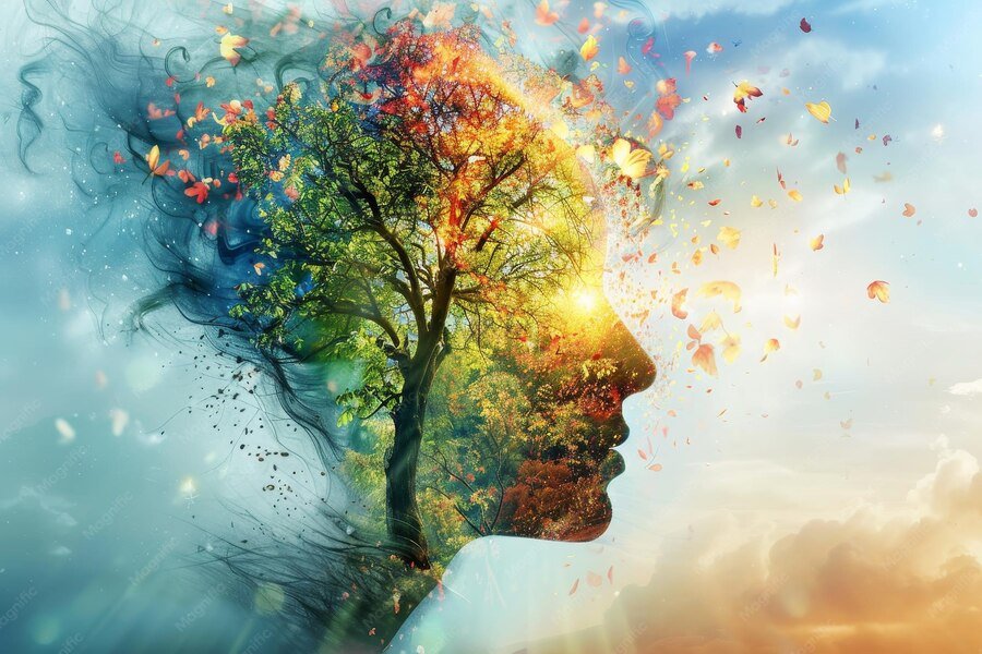 An artistic composite image of a woman's profile with a tree inside her head, blending into a colorful sky with petals flying outward.