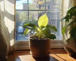 A potted green houseplant on a windowsill with sunlight shining through a window.