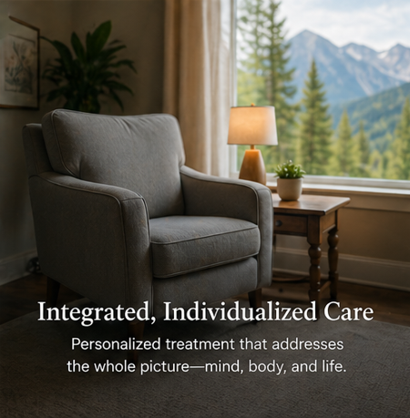 A cozy living room with a gray armchair, a side table with a lamp and potted plant, large window showing mountains and trees outside, with text about personalized holistic care.
