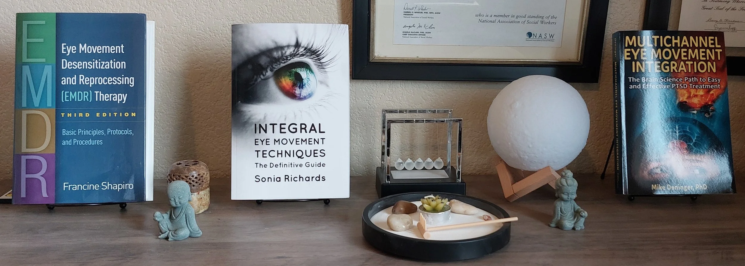 Books on eye movement and therapy arranged on a shelf with decorative items, including small figurines, a crystal ball, a framed certificate, and a tray with stones and a small plant.