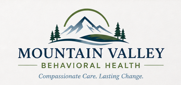 Logo for Mountain Valley Behavioral Health with mountain, trees, and slogan.