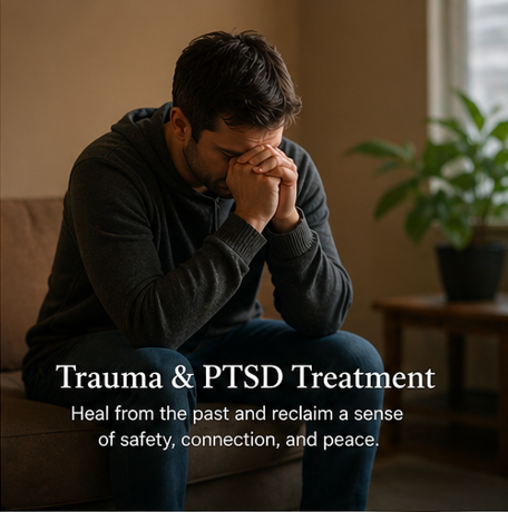 A man sitting on a couch with his head bowed, hands covering his face, appearing distressed. Text overlay reads: 'Trauma & PTSD Treatment. Heal from the past and reclaim a sense of safety, connection, and peace.'
