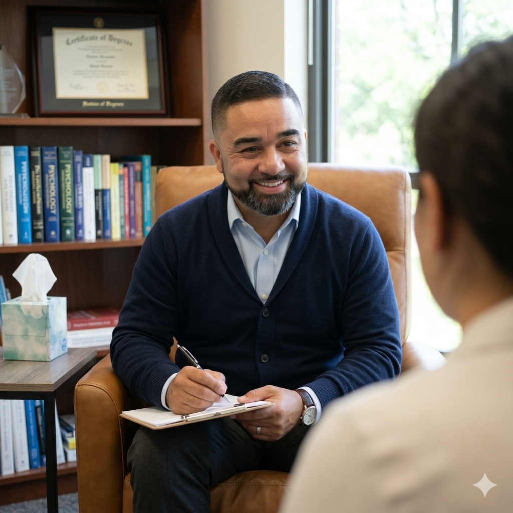 A man with short dark hair and a beard, wearing a blue cardigan over a light blue shirt, smiling while taking notes on a notepad during a consultation in an office.