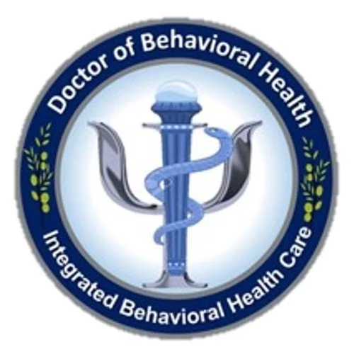 Seal with a blue border, featuring a caduceus symbol with a snake wrapped around a staff, and the text 'Doctor of Behavioral Health - Integrated Behavioral Healthcare'.